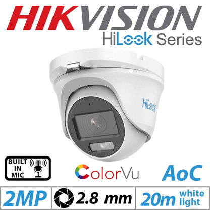 Hikvision HiLook 2MP 1080P ColorVu Outdoor/Indoor 14x Audio White Camera Kit + HDD